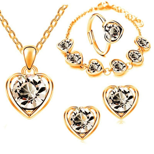 Four-Piece Set of Fashion Crystal Heart-Shaped Necklace, Earrings, Ring and Bracelet