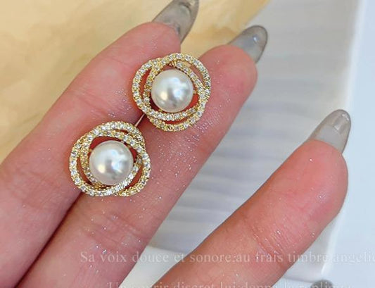 Gold Plated Double Ellipse Pearl Earring