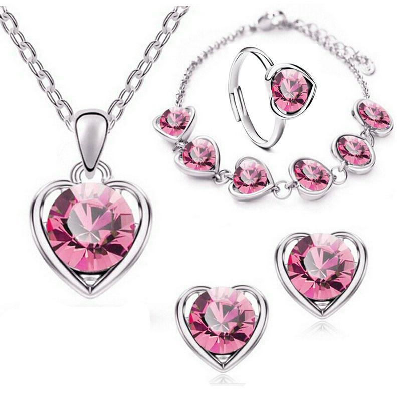 Four-Piece Set of Fashion Crystal Heart-Shaped Necklace, Earrings, Ring and Bracelet