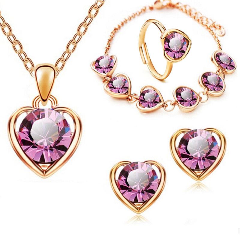 Four-Piece Set of Fashion Crystal Heart-Shaped Necklace, Earrings, Ring and Bracelet