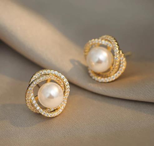 Gold Plated Double Ellipse Pearl Earring